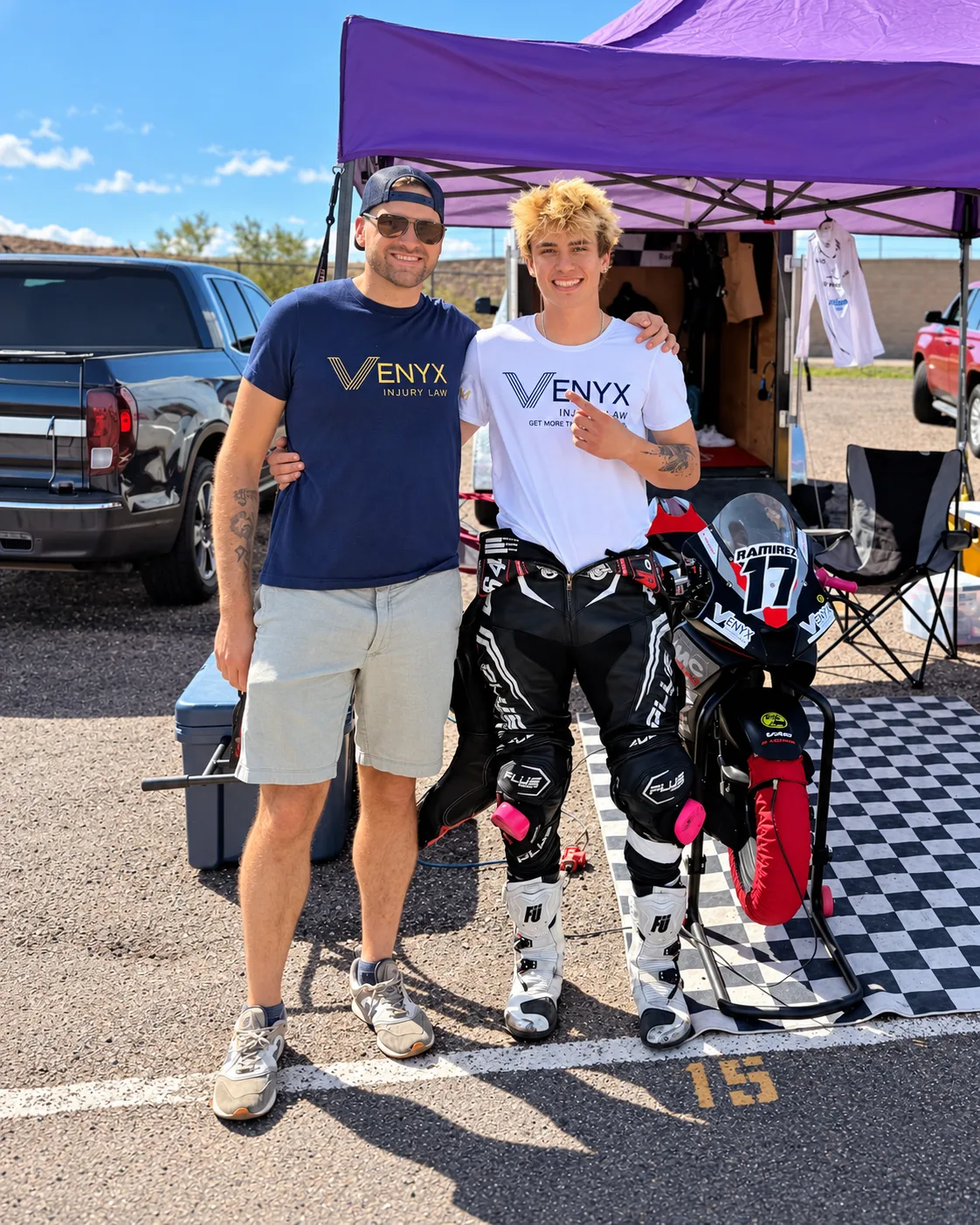 Dylan Unger and Venyx-sponsored racer Alex Ramirez in the paddock
