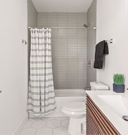 Modern bathroom with a white bathtub and gray tiled wall, striped shower curtain, white toilet, dark towel hanging, and wooden vanity with a small green plant.