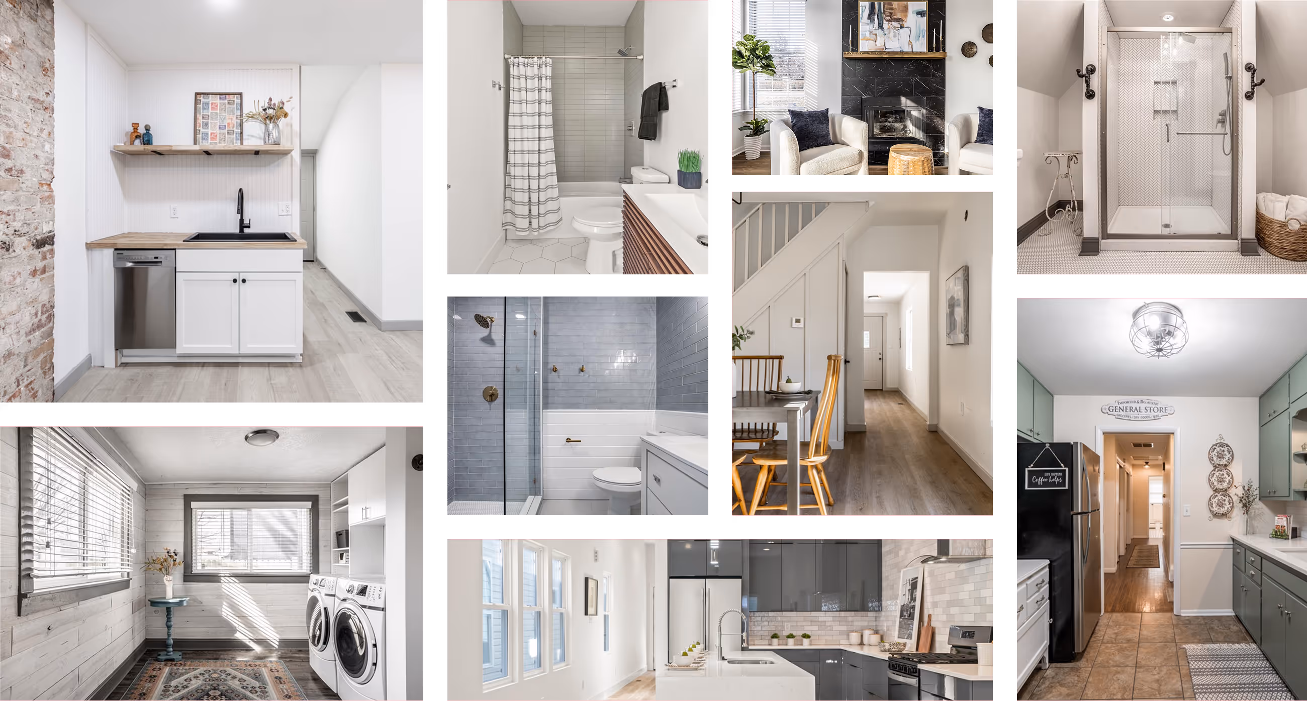 Collage of modern home interiors featuring a small kitchen with wooden countertop, white bathroom with shower curtain, living room with fireplace, bathroom with glass shower, laundry room with washer and dryer, white dining area with wooden chairs, another modern kitchen with island, and a hallway with green cabinets and black refrigerator.