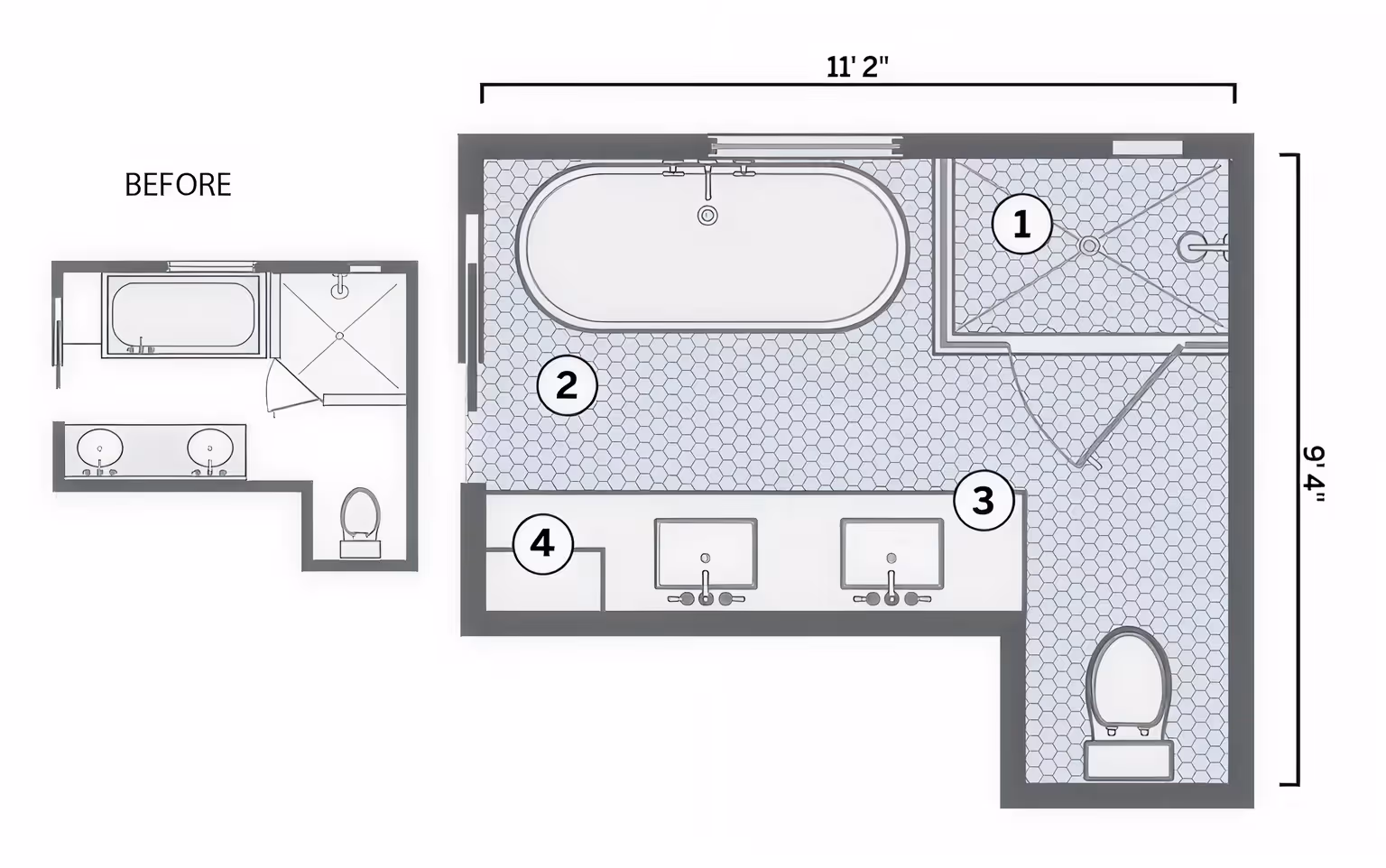 Floor plan comparison showing a bathroom before and after renovation with updated shower, bathtub, double sinks, and toilet layout.