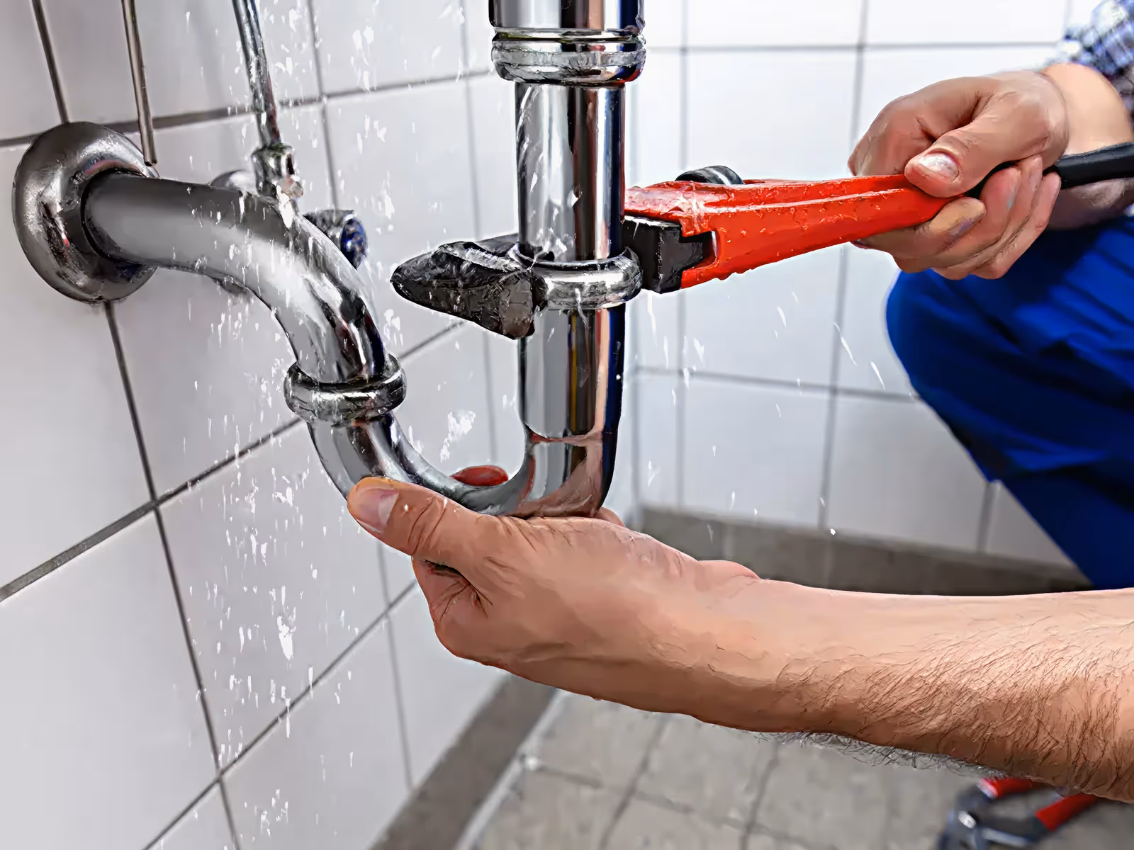 Person using a red pipe wrench to fix a leaking chrome pipe under a sink with water spraying out.