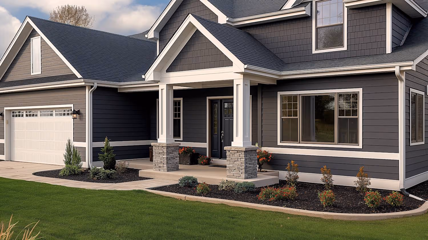 Modern house with dark gray siding, white trim, stone accents on porch columns, manicured lawn, and decorative shrubs.
