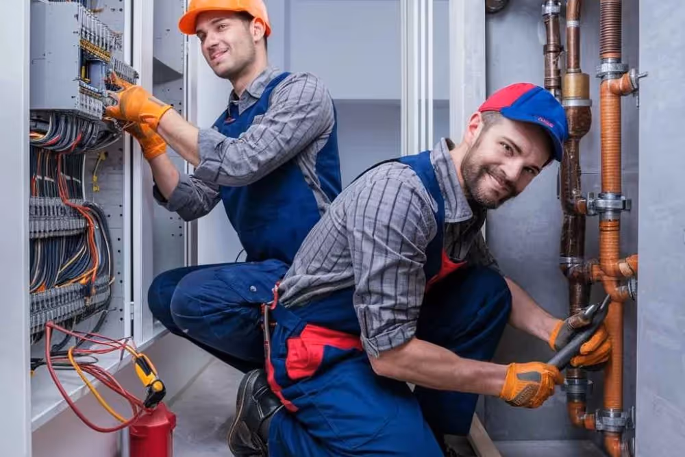 Two male workers in gloves and overalls fixing electrical wiring and plumbing pipes inside a building.