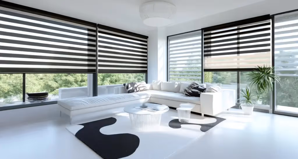 Bright modern living room with white sectional sofa, black-and-white striped window blinds, abstract black and white rug, and potted plants.