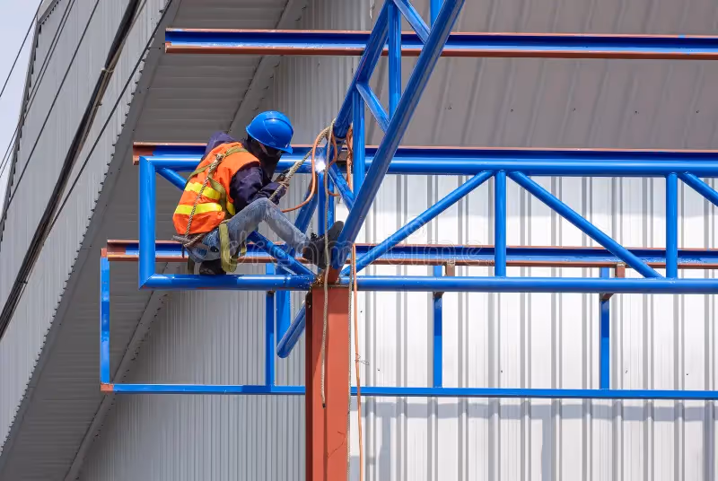 Construction worker wearing blue helmet and orange safety vest welding blue metal beams on a building frame.