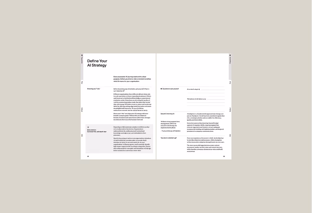 Two-page spread from a playbook titled 'Define Your AI Strategy' with text sections about knowing your 'why', best practices, operations, and securing C-level buy-in.