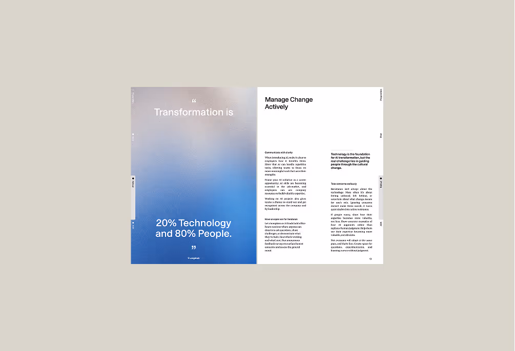 Open book spread showing a blue gradient left page with the quote 'Transformation is 20% Technology and 80% People' and a right page titled 'Manage Change Actively' with several paragraphs of text about communication, technology, and resistance to change.