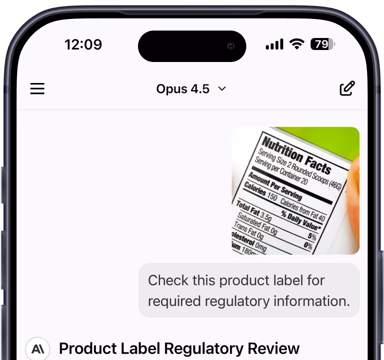 Close-up of a smartphone screen showing a nutrition facts label and text instructing to check the product label for required regulatory information.
