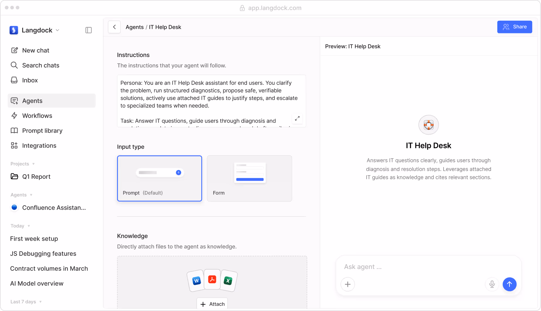 Langdock app interface showing the setup for an IT Help Desk agent with instructions, input type selection, knowledge attachment, and a chat preview panel.