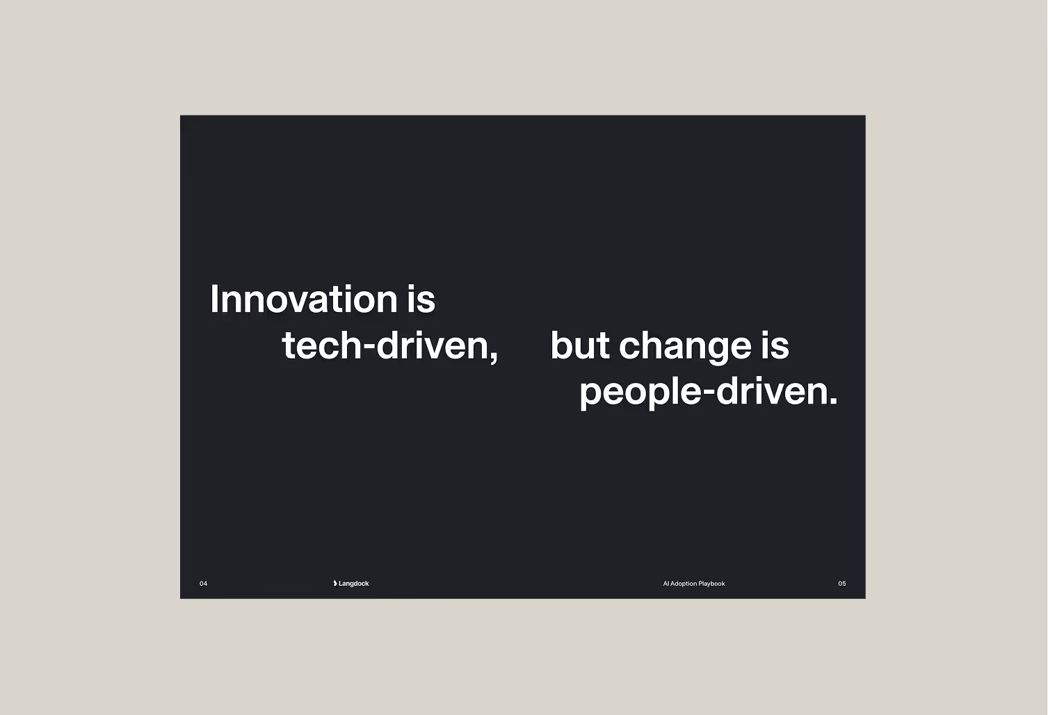 Open book spread showing a blue gradient left page with the quote 'Transformation is 20% Technology and 80% People' and a right page titled 'Manage Change Actively' with several paragraphs of text about communication, technology, and resistance to change.