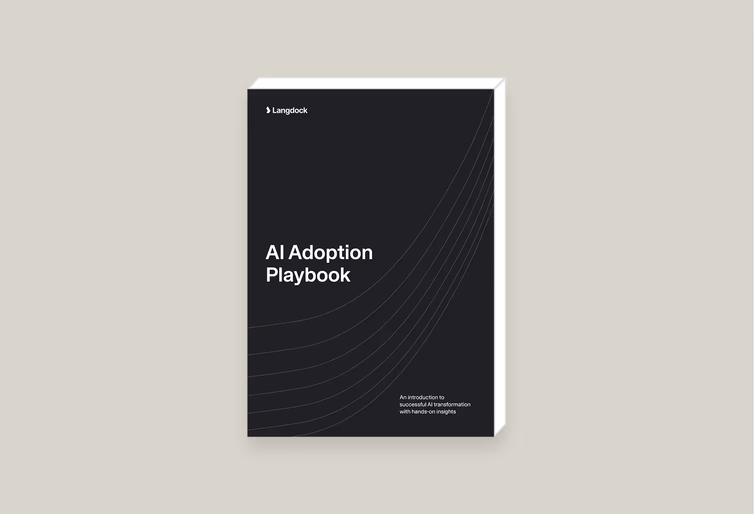 Two-page spread with text on managing change actively; left page shows 'Transformation is 20% Technology and 80% People' on a blue gradient background, right page lists advice on communicating clearly, framing AI as a career opportunity, encouraging feedback, the role of technology in AI transformation, and taking concerns seriously.