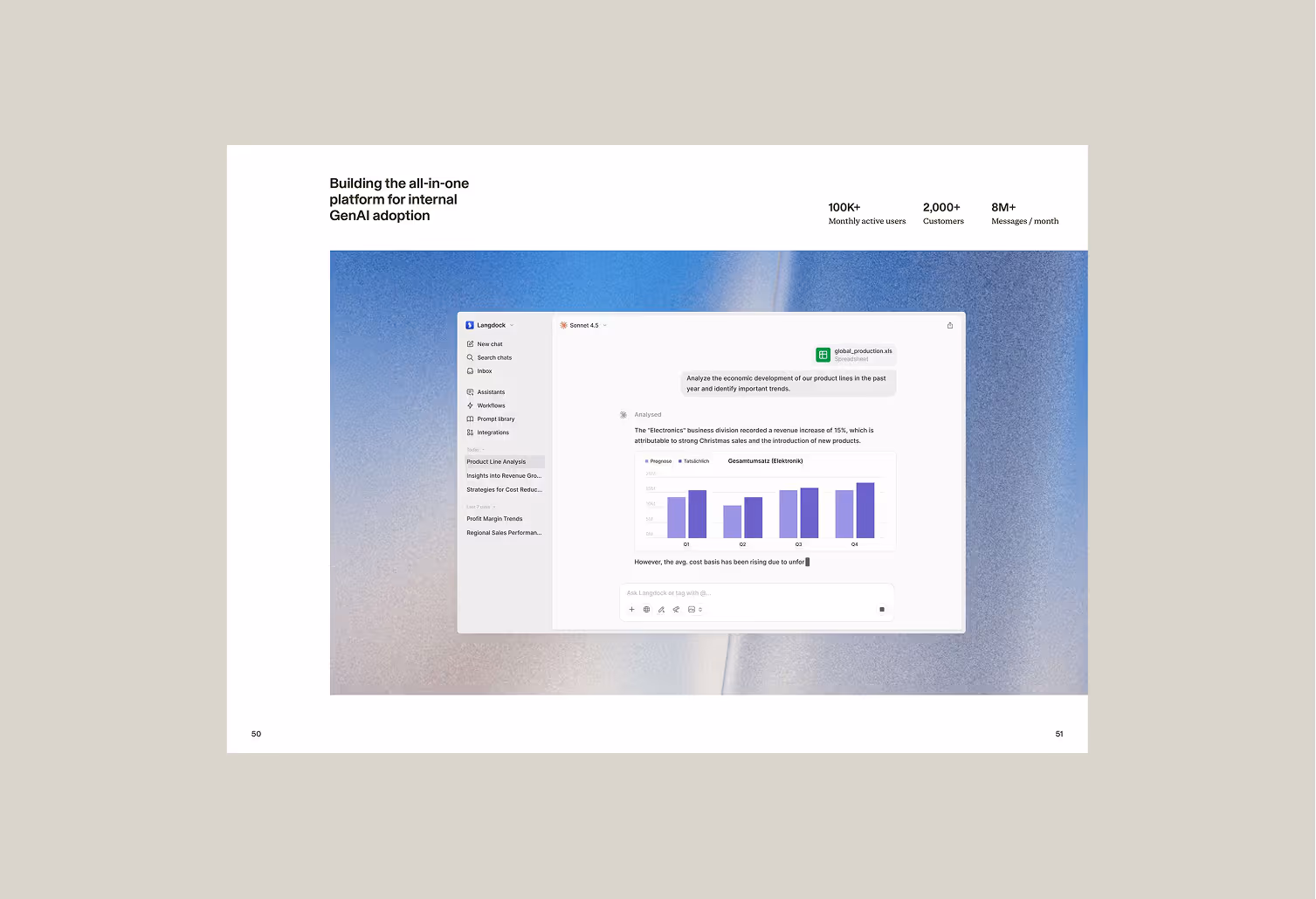 Open book showing a page titled 'Establish a Company-Wide AI Culture' with text and a photo of two speakers presenting to an audience in a modern office decorated with hanging paper lanterns.