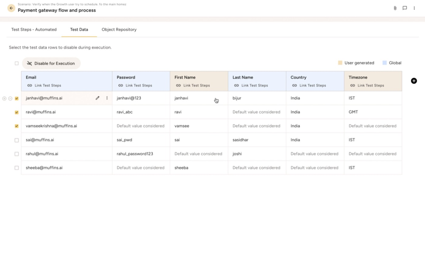 Table showing test data for multiple users, listing email, name, and location details