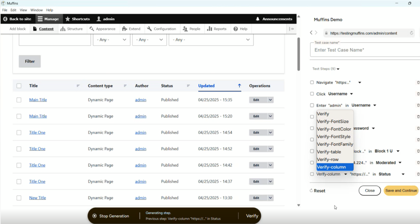 Web application view displaying a content list table and a separate demo testing form