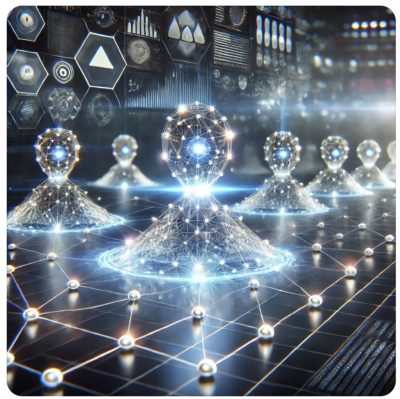 Connected, glowing digital avatars stand on a futuristic networking grid of nodes
