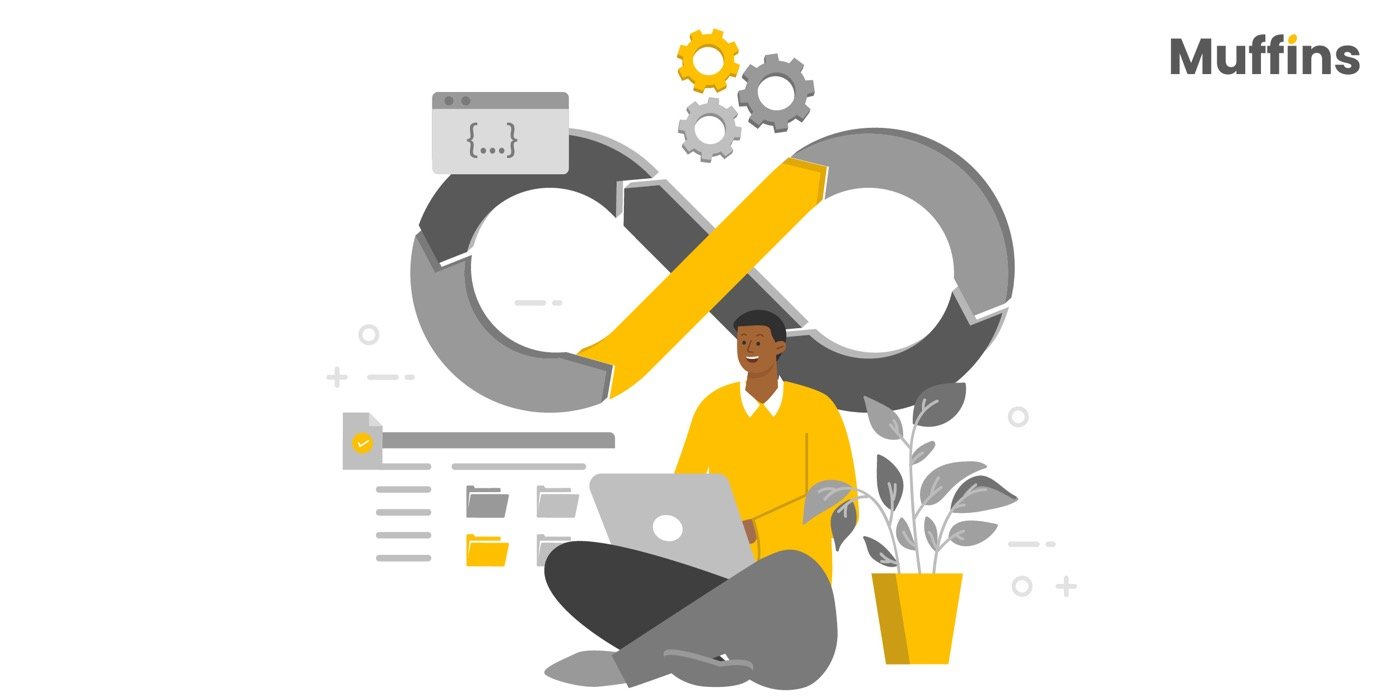 Man coding with laptops and symbols arranged around a large infinity loop