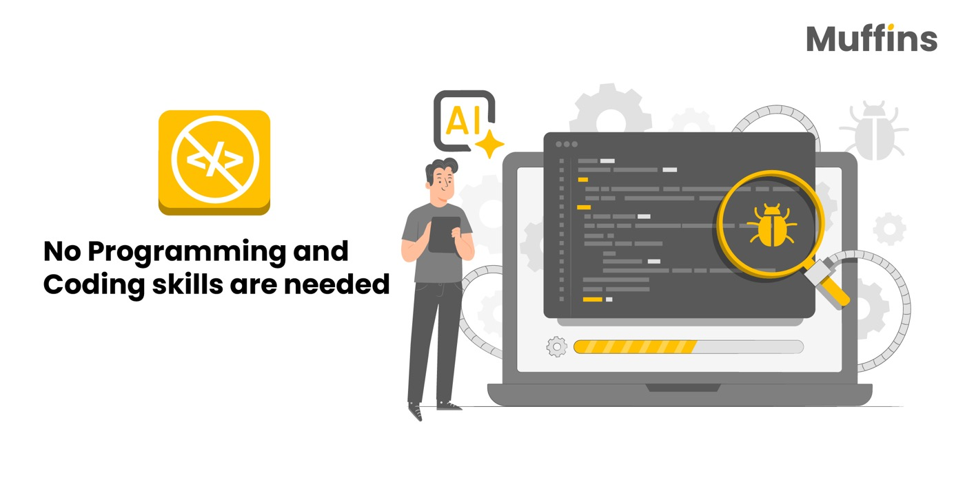 Illustration showing code on a laptop with a bug, suggesting no programming skills are required