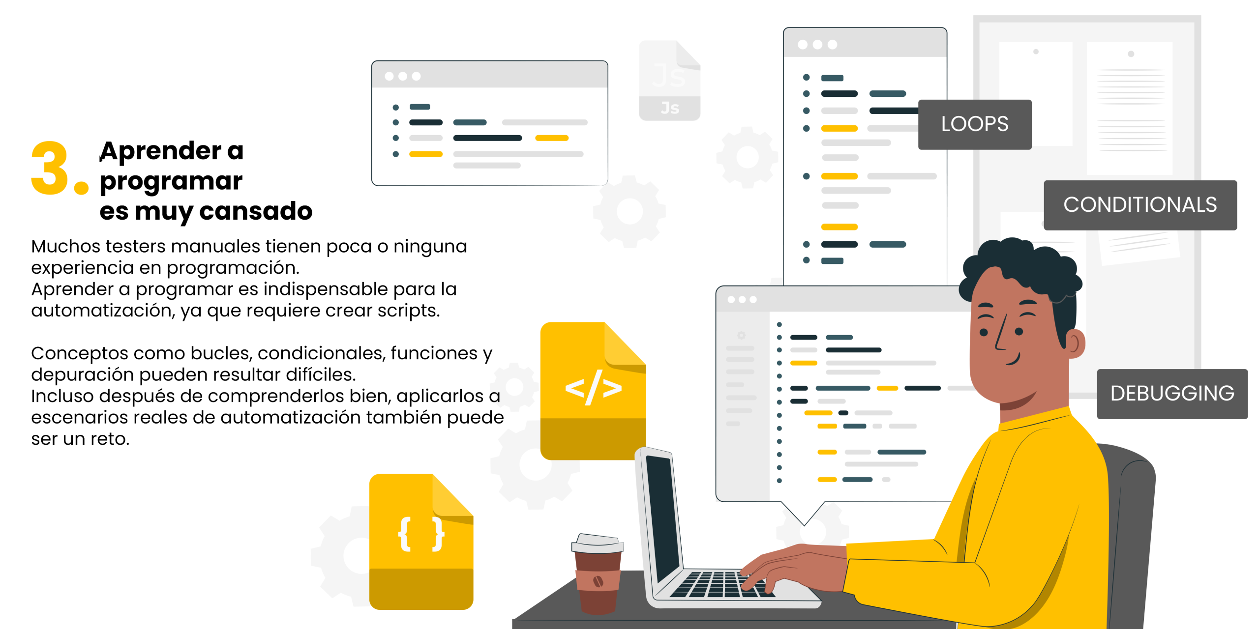 Dibujo animado de un programador en una computadora portátil; diagramas etiquetan conceptos de aprendizaje: bucles, condicionales y depuración