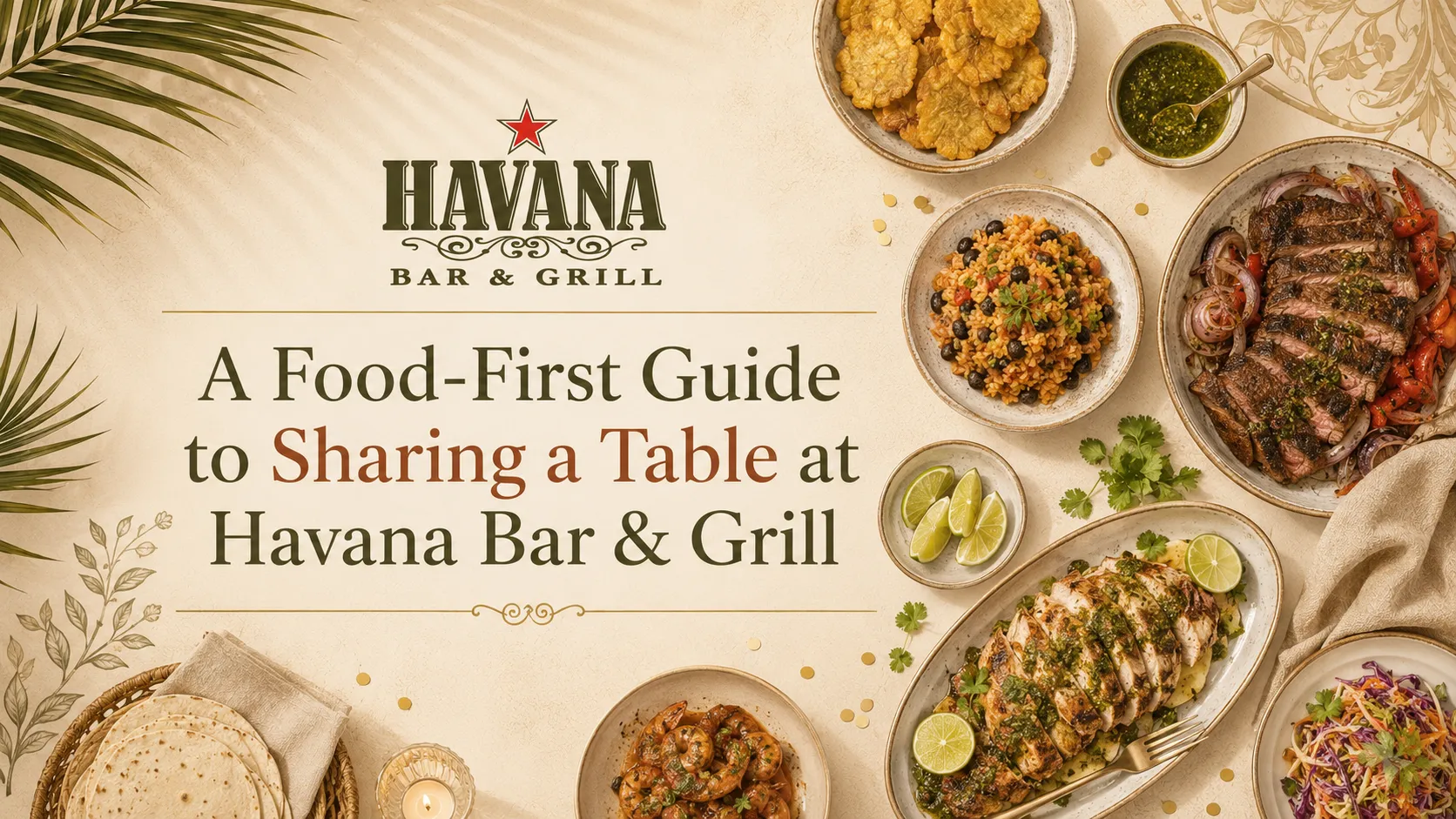 Editorial cover for Havana Bar and Grill group dining guide with sharing plates, mains and warm Cuban-inspired table setting.