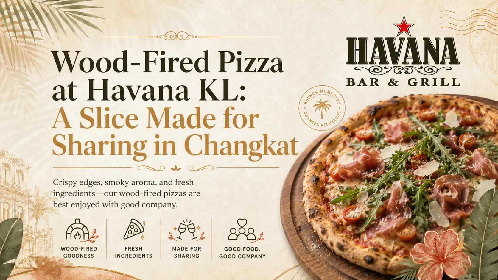 Wood-fired pizza served on a rustic wooden board at Havana KL.