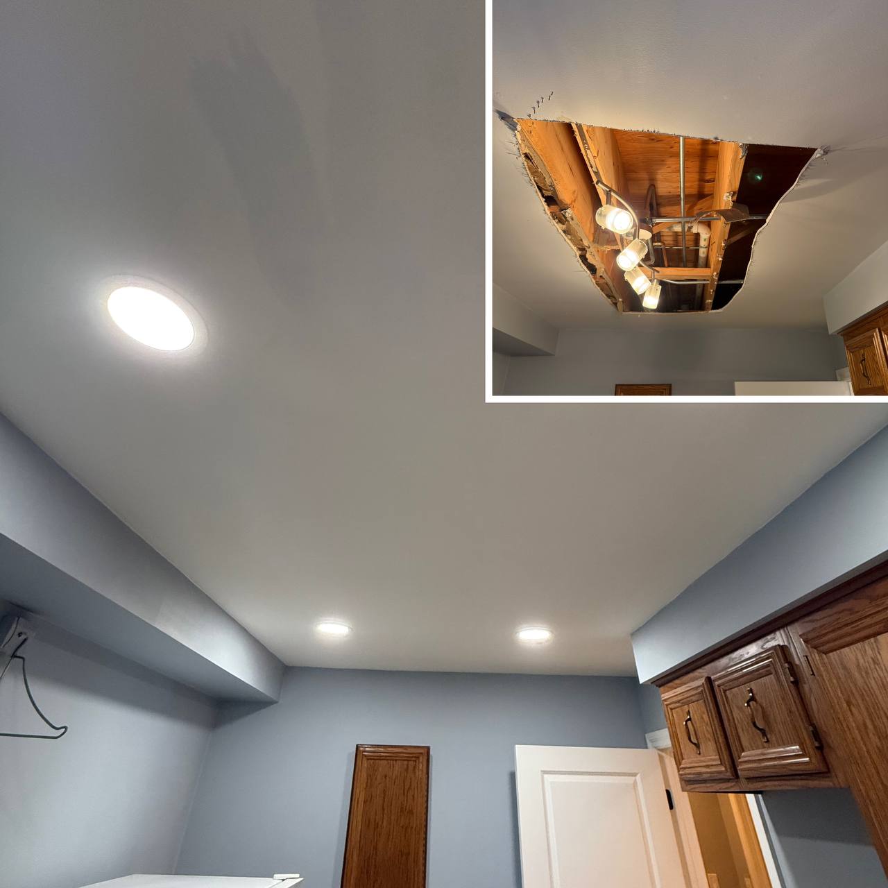 Room with blue walls and wooden cabinets featuring a repaired ceiling with recessed lights; inset shows the ceiling before repair with a large hole exposing wooden beams and light fixtures.