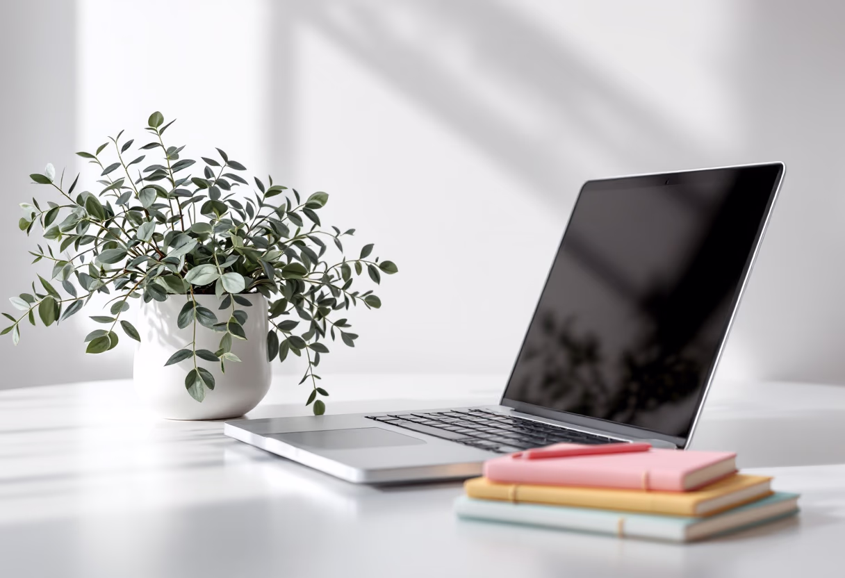 image of desk with a laptop and a plant (for a bookstore)
