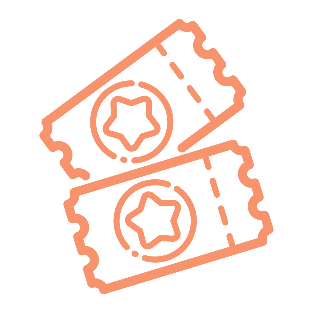 Two orange tickets with star icons and perforated edges overlapping on a transparent background.