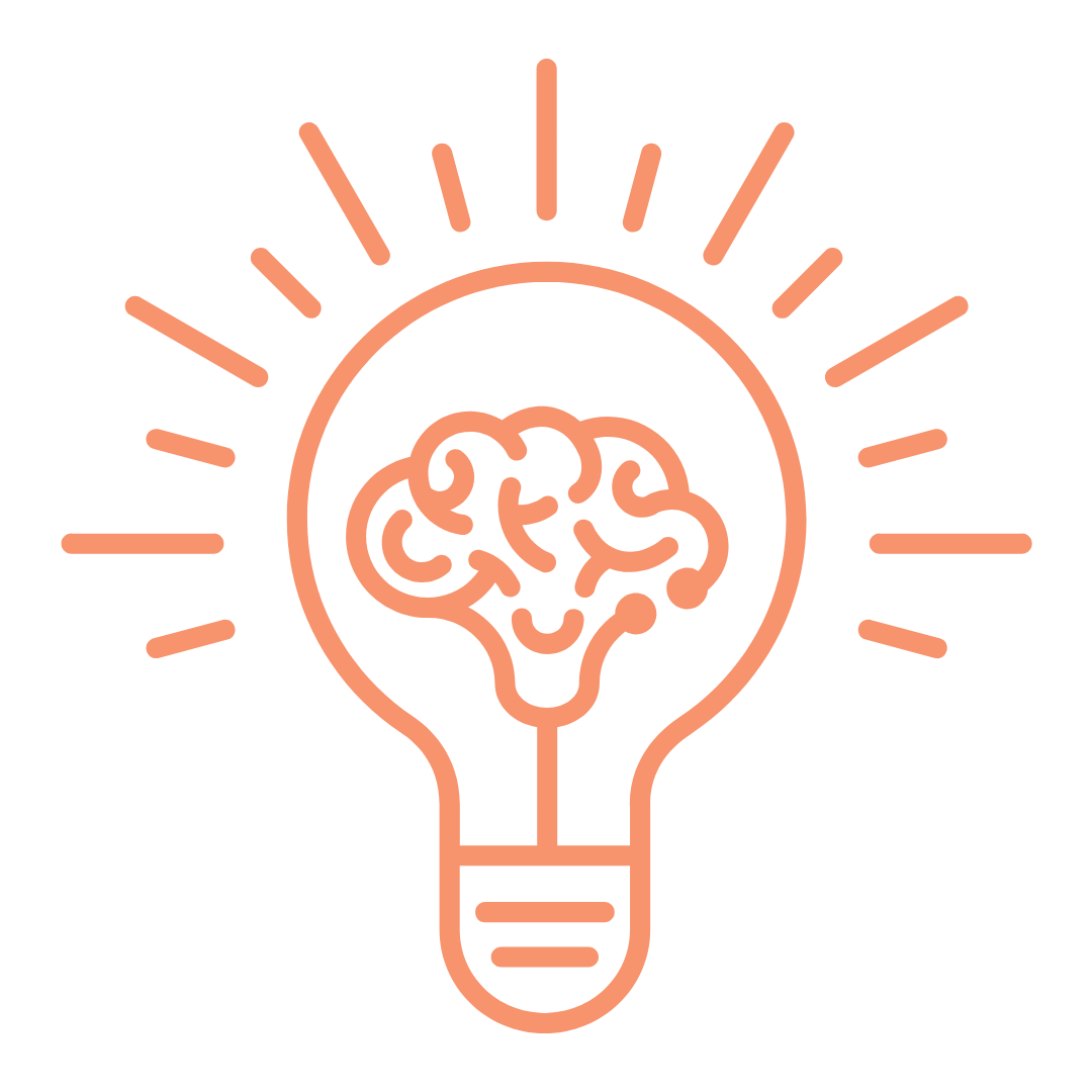 Orange line art of a light bulb with a brain inside and rays radiating outward, symbolizing an idea or creativity.
