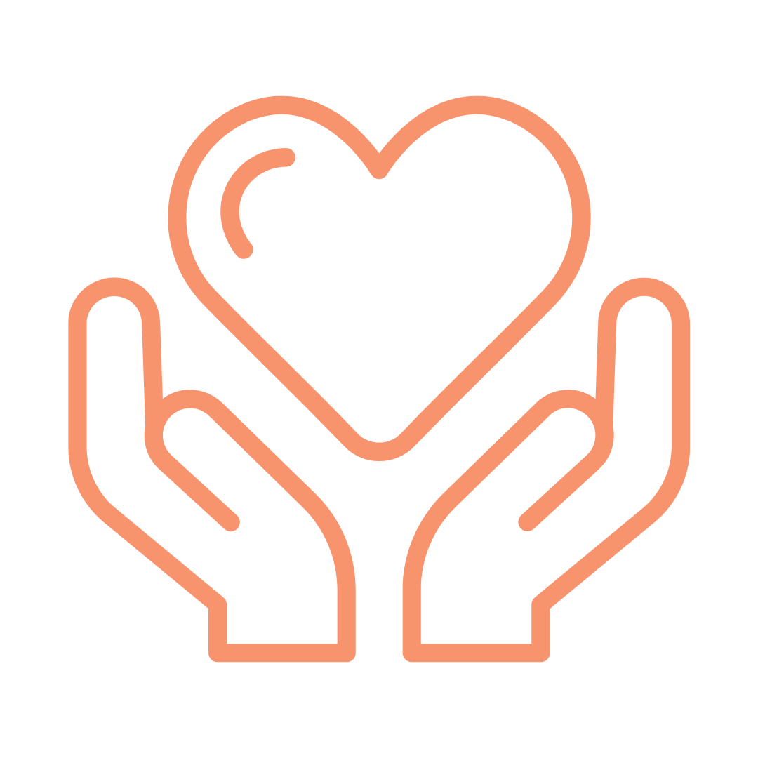 Outline of two hands gently holding a heart symbol in orange color.