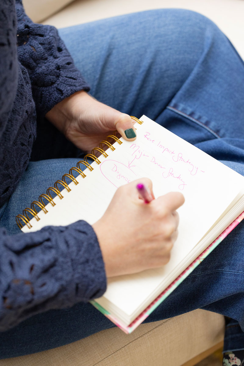 Person with dark nail polish and blue sweater writing notes in a spiral notebook while sitting with crossed legs wearing blue jeans.