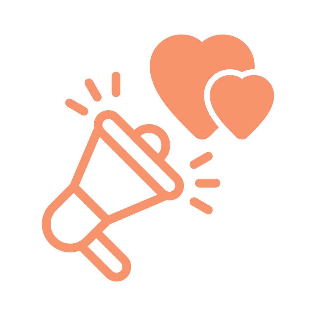 Orange megaphone icon emitting sound with two overlapping hearts above it.