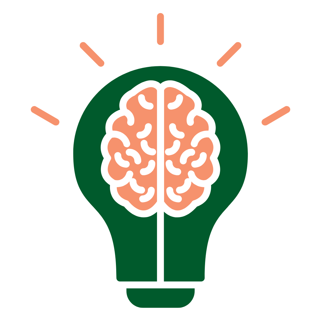 Illustration of a light bulb with a brain inside and rays emanating outward, symbolizing ideas or intelligence.