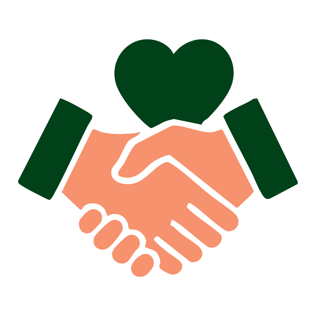 Two hands shaking with a heart shape above them symbolizing trusted partnership.