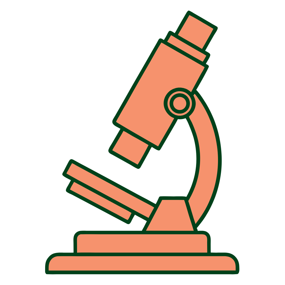 Illustration of an orange microscope with dark green outlines.