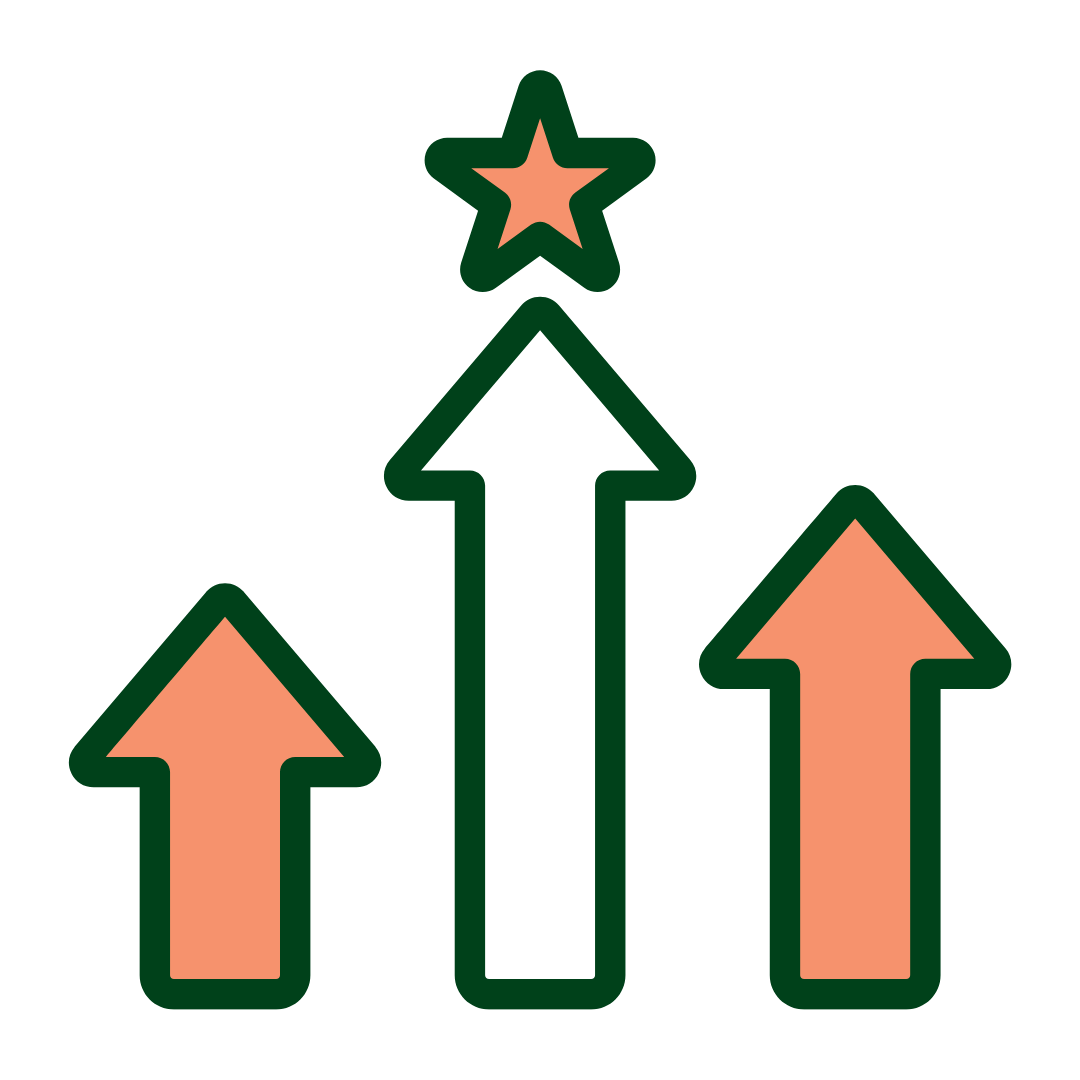 Three upward arrows with a star above the tallest arrow, symbolizing growth and achievement.