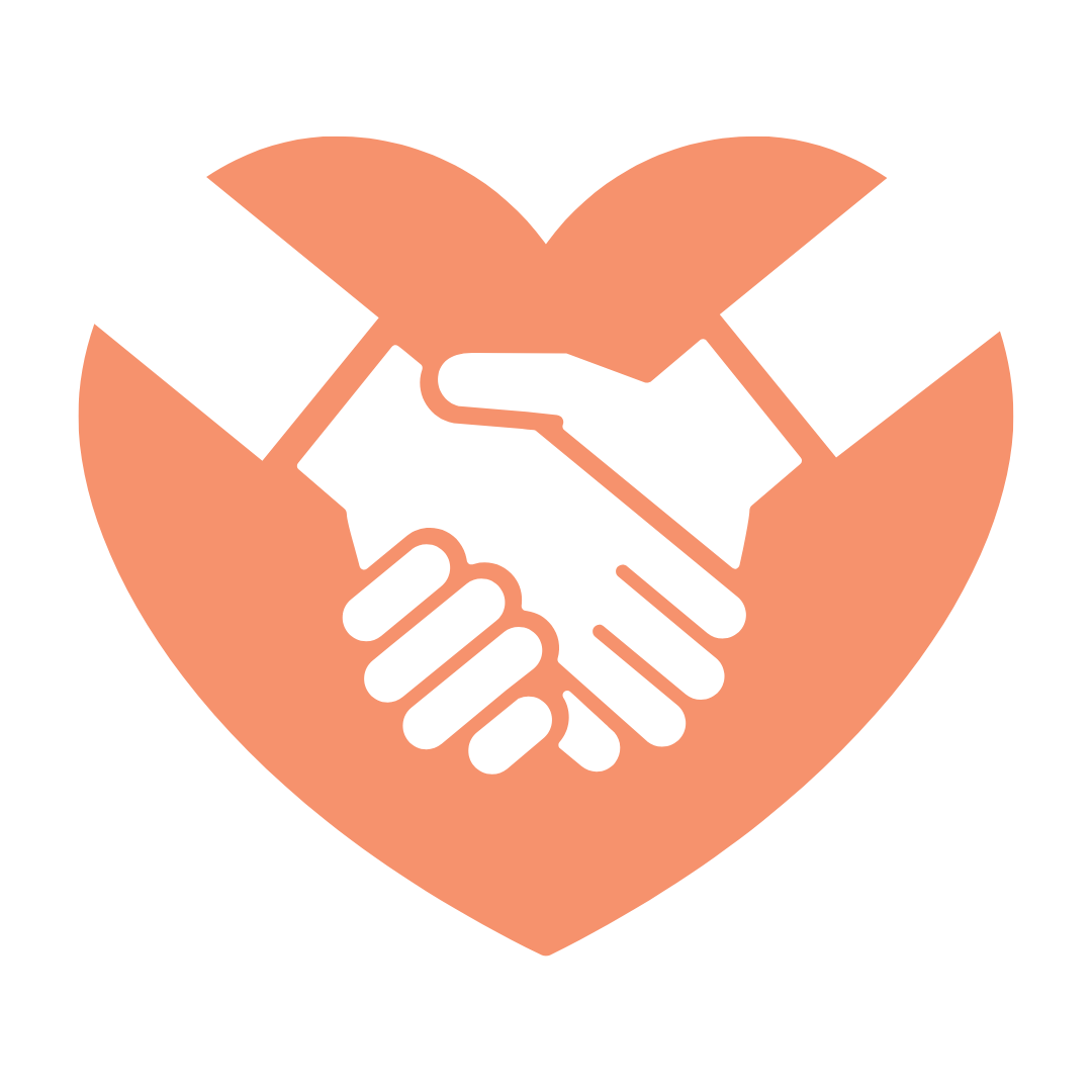 Two hands shaking inside a heart shape, symbolizing trust and partnership.