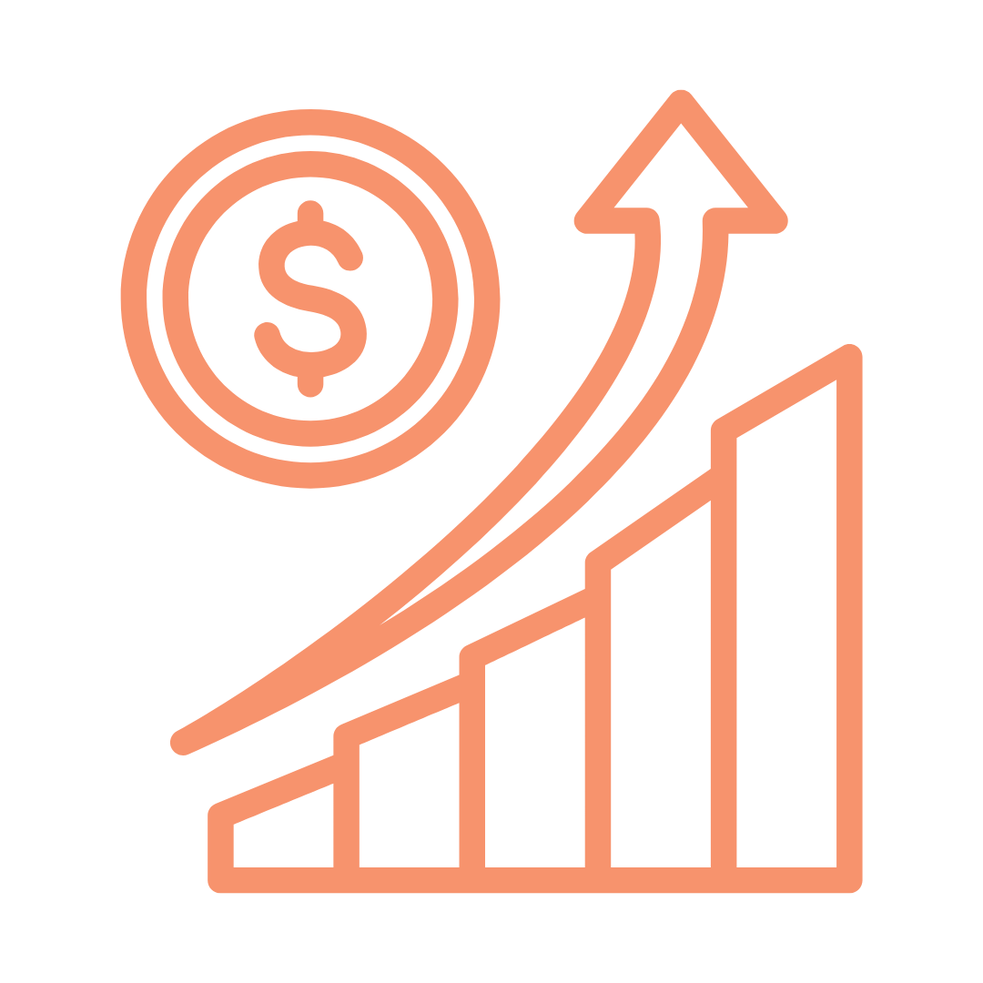 Icon of an ascending bar chart with an upward arrow and a dollar sign coin, symbolizing financial growth.
