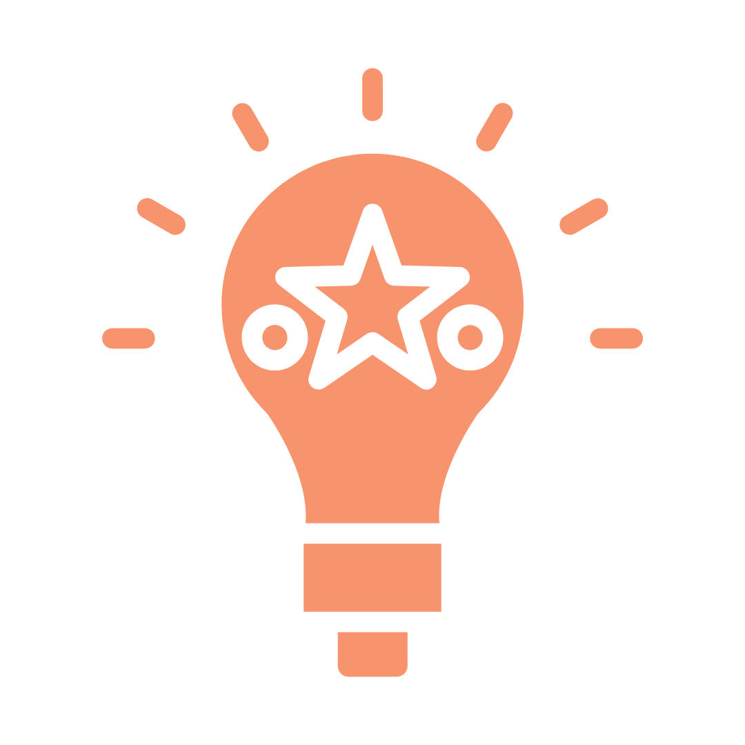 Orange light bulb with a star and two circles inside, emitting light rays.