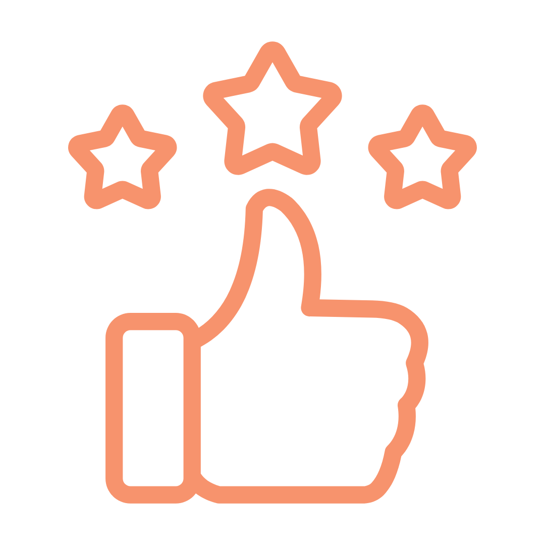 Thumbs up icon with three stars above it representing approval or high rating.