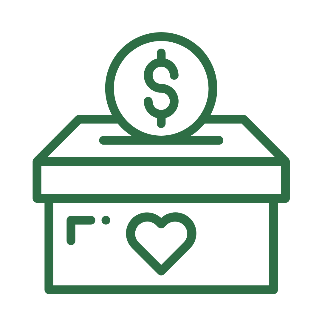 Donation box with a heart symbol on the front and a coin with a dollar sign being inserted.