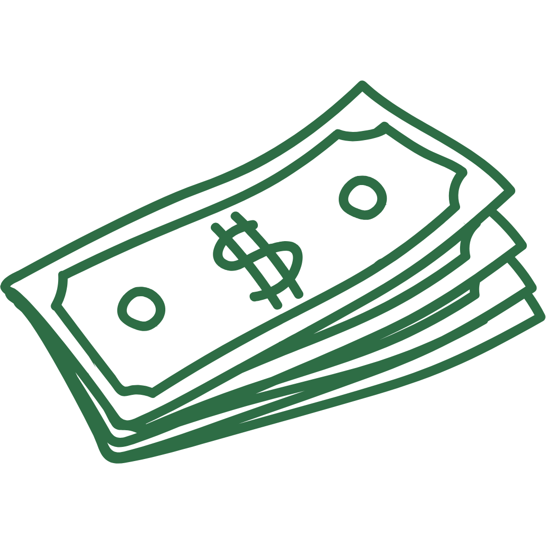 Stack of green dollar bills outlined in dark green with a dollar sign on top.