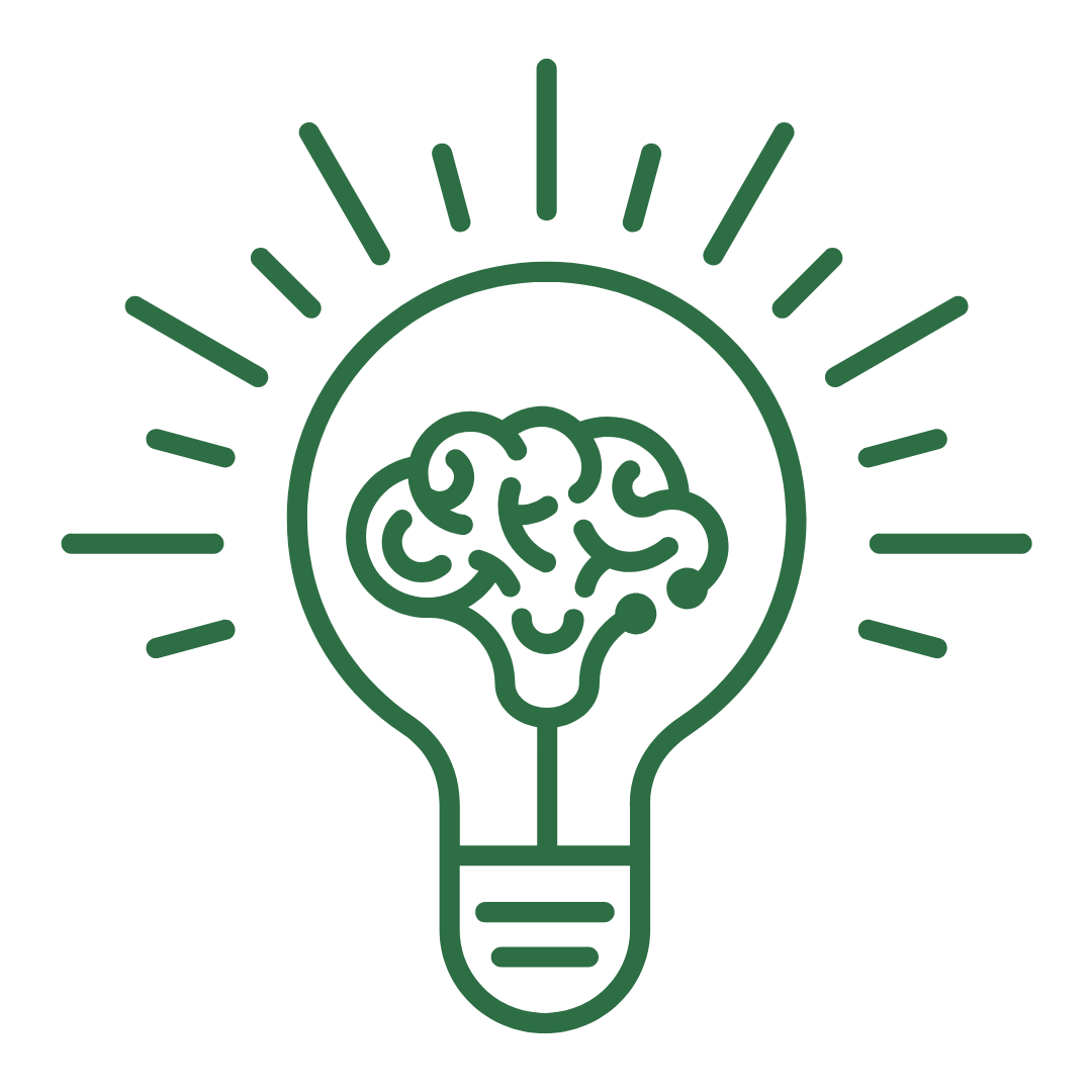 Green outline of a light bulb with a brain inside and rays radiating outward, symbolizing an idea or creativity.