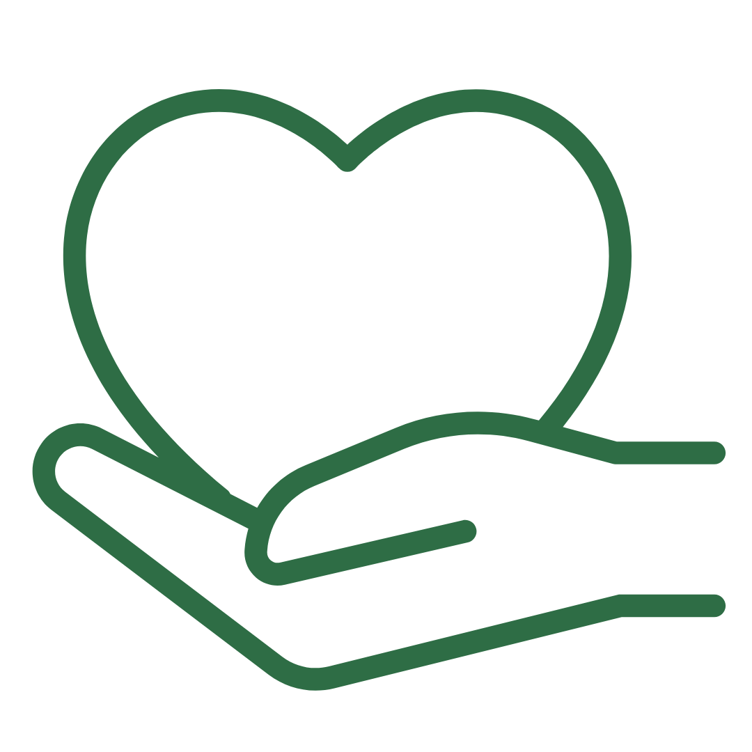 Green line icon of an open hand holding a heart symbol.