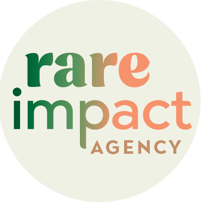 Logo with text 'rare impact AGENCY' in a gradient green to orange color on a light circular background.