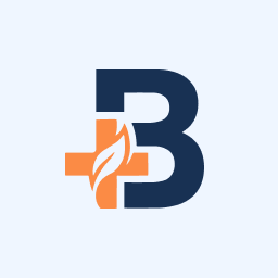Blue letter B with an orange medical cross and a leaf integrated inside the cross.