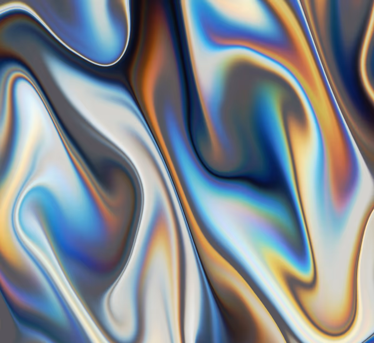 Abstract iridescent fluid pattern with swirling shades of blue, gold, and white.