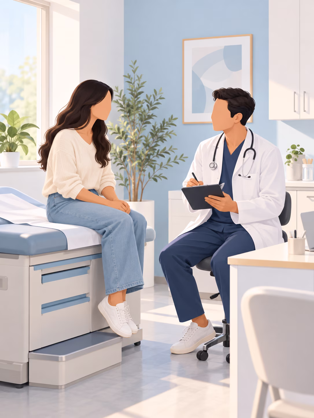 Une médecin en blouse blanche, munie d'un stéthoscope, est assise sur une chaise et tient un presse-papier tout en discutant avec une patiente installée sur une table d'examen, dans un cabinet médical lumineux agrémenté de plantes et d'art abstrait.