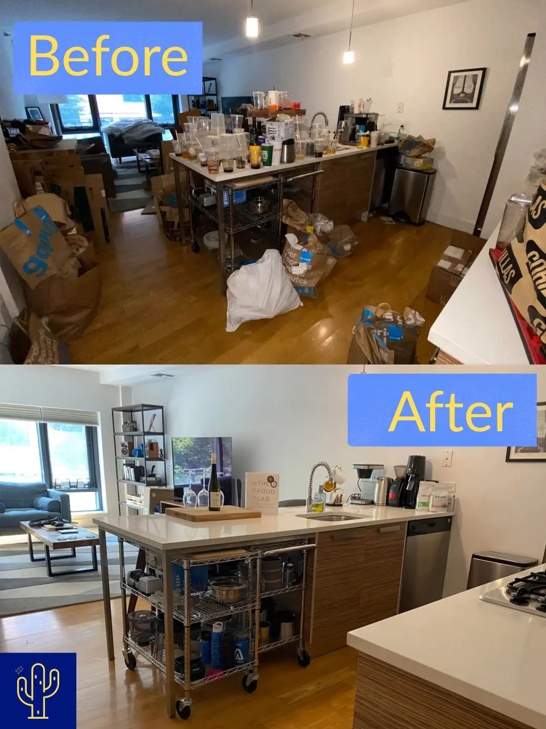 Side-by-side kitchen images showing clutter and trash on the counter and floor labeled 'Before,' and a clean, organized kitchen labeled 'After.' Tucson, Arizona