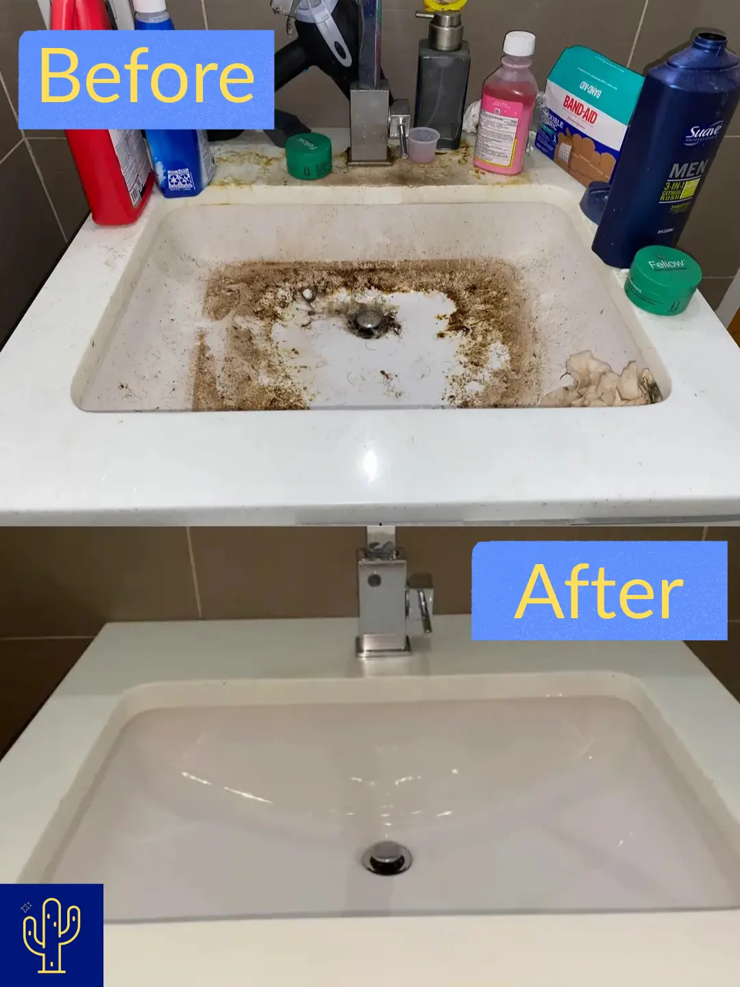 Before and after comparison of a bathroom sink; the top half shows a heavily stained, dirty sink surrounded by toiletries, and the bottom half shows the same sink thoroughly cleaned and spotless. Tucson, Arizona