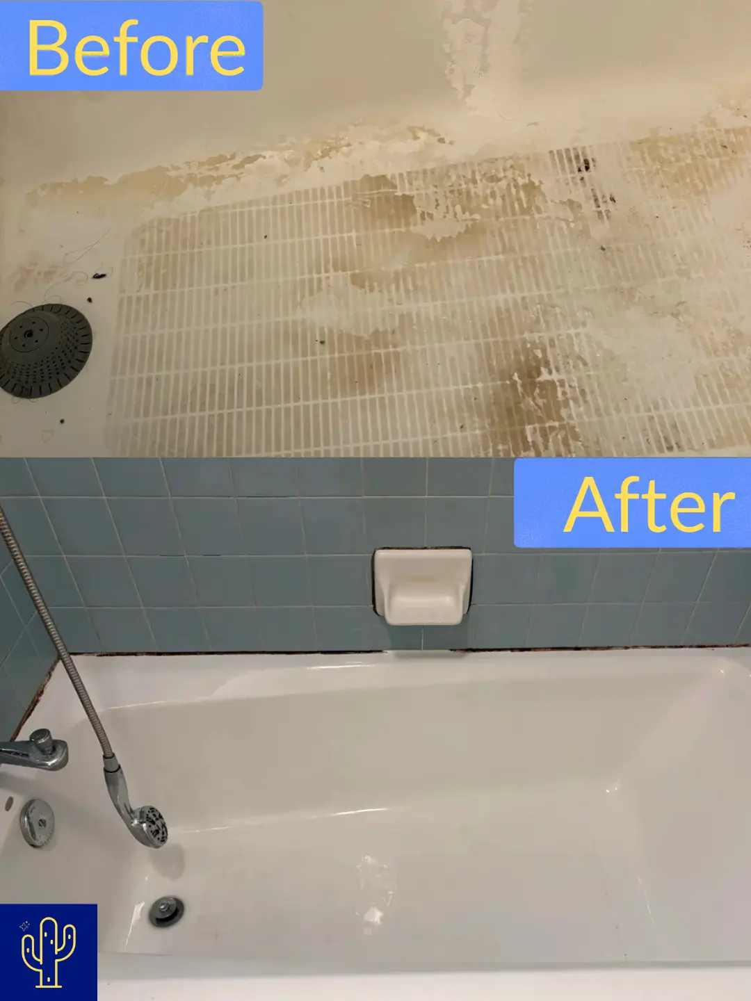 Before and after comparison of a bathtub showing heavy stains and grime before cleaning and a clean, white tub with blue tiled wall after cleaning. Catalina Foothills, Arizona